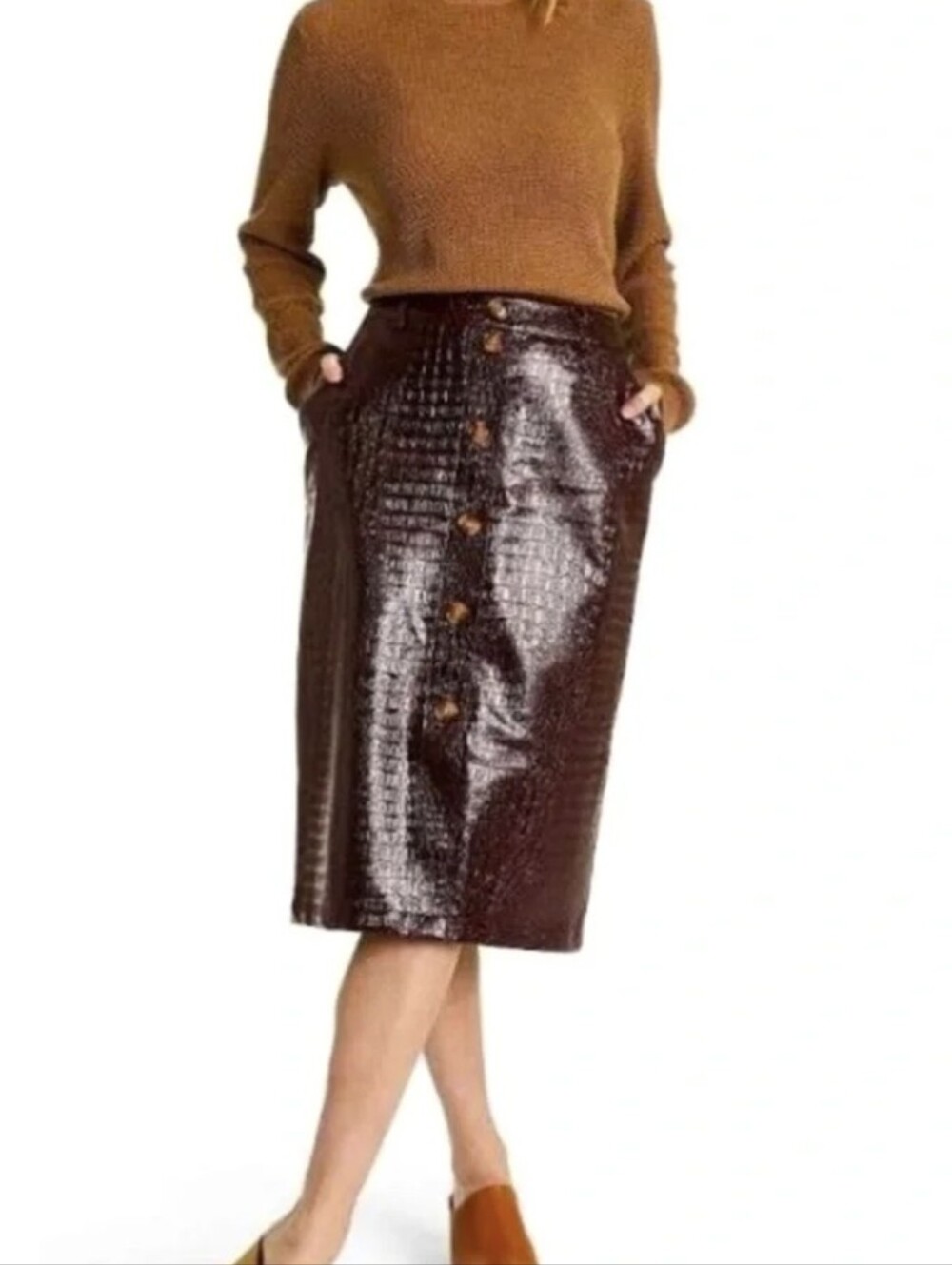 Rachel Comey Deep Brown Merlot Faux Leather Midi Pencil Skirt w/ Pockets, Size 2